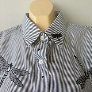 Ladies' Large LasOlas Long Sleeve Blue Stripe Shirt with embroidered Dragonflies